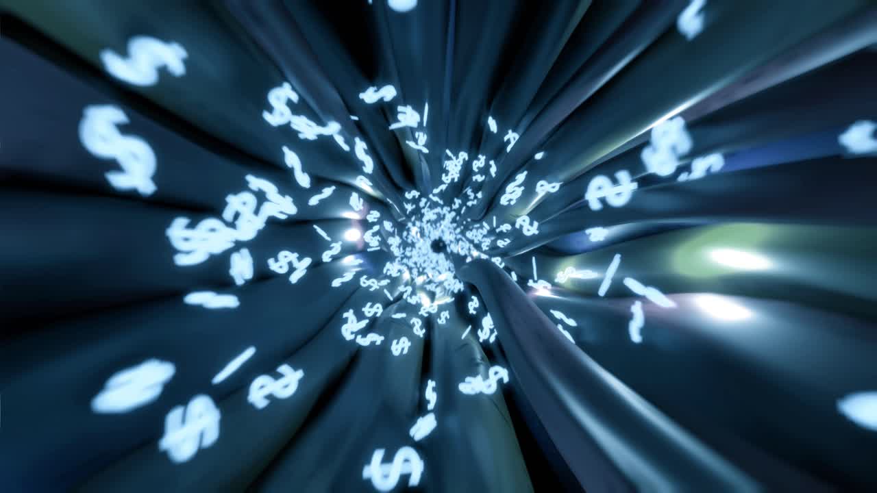 Ledninger kabler dollarsymbol flyver igennem data internet strømkredsløb fiber 4k