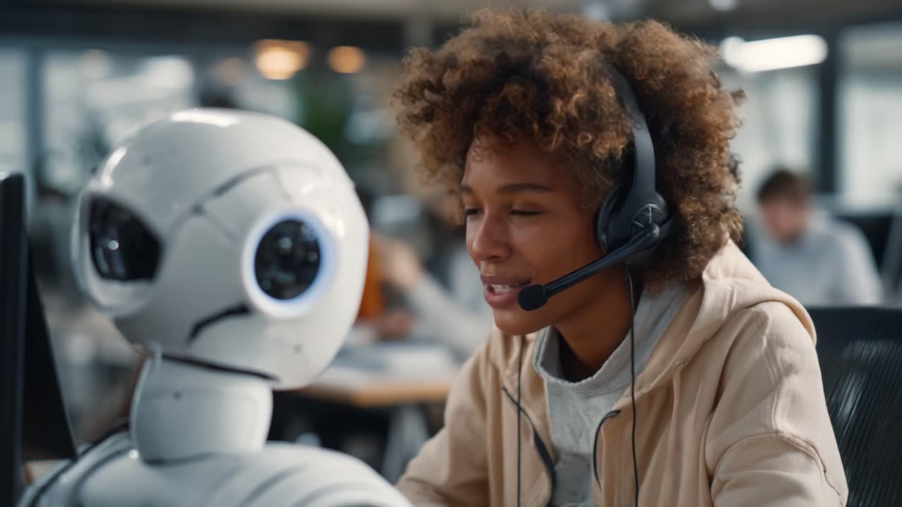 A Joyful Interaction Between a Human and a Friendly Robot in an Office Environment, Showcasing Modern Technology, Collaboration, and Future Potential of AI Communication in Everyday Life