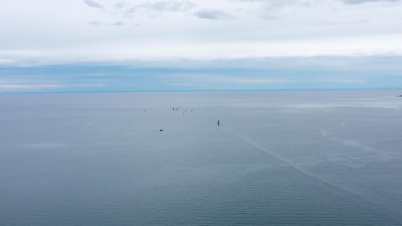 Regatta RC44 Race near Rovinj Croatia - Aerial Panoramic Drone View