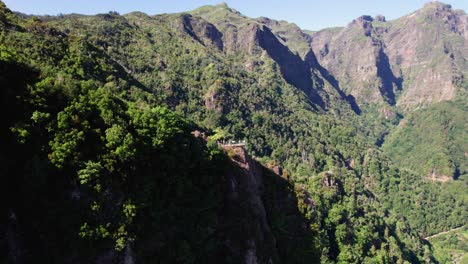 aerial panorama of tourist sightseeing rocky mountain range on a viewpoint platform, madeira