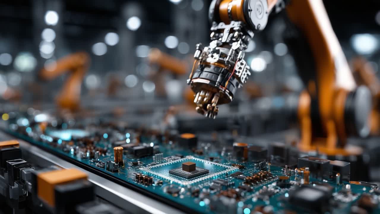 Advanced Robotic Arm Precision Assembling Microchips on Circuit Boards in a High-Tech Manufacturing Facility Showcasing Automation and Innovation