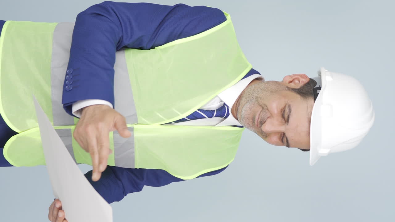 프로젝트를 들고 있는 엔지니어의 수직 비디오가 웃습니다.