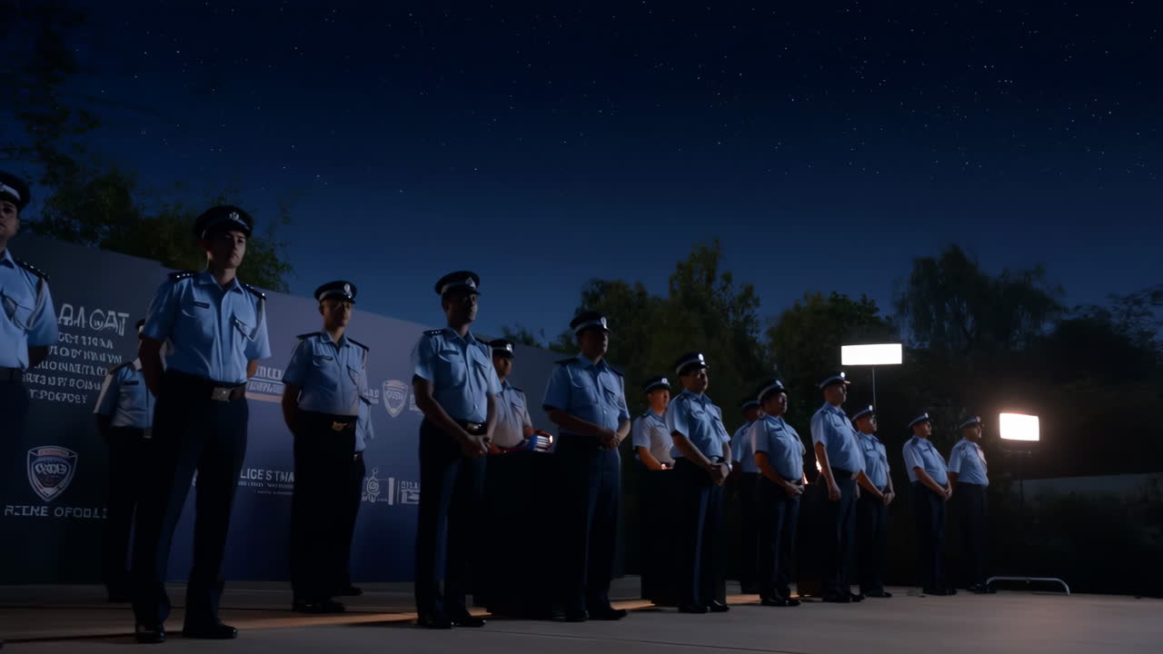 Police Officers in Uniform Standing in Formation Under a Starry Night Sky