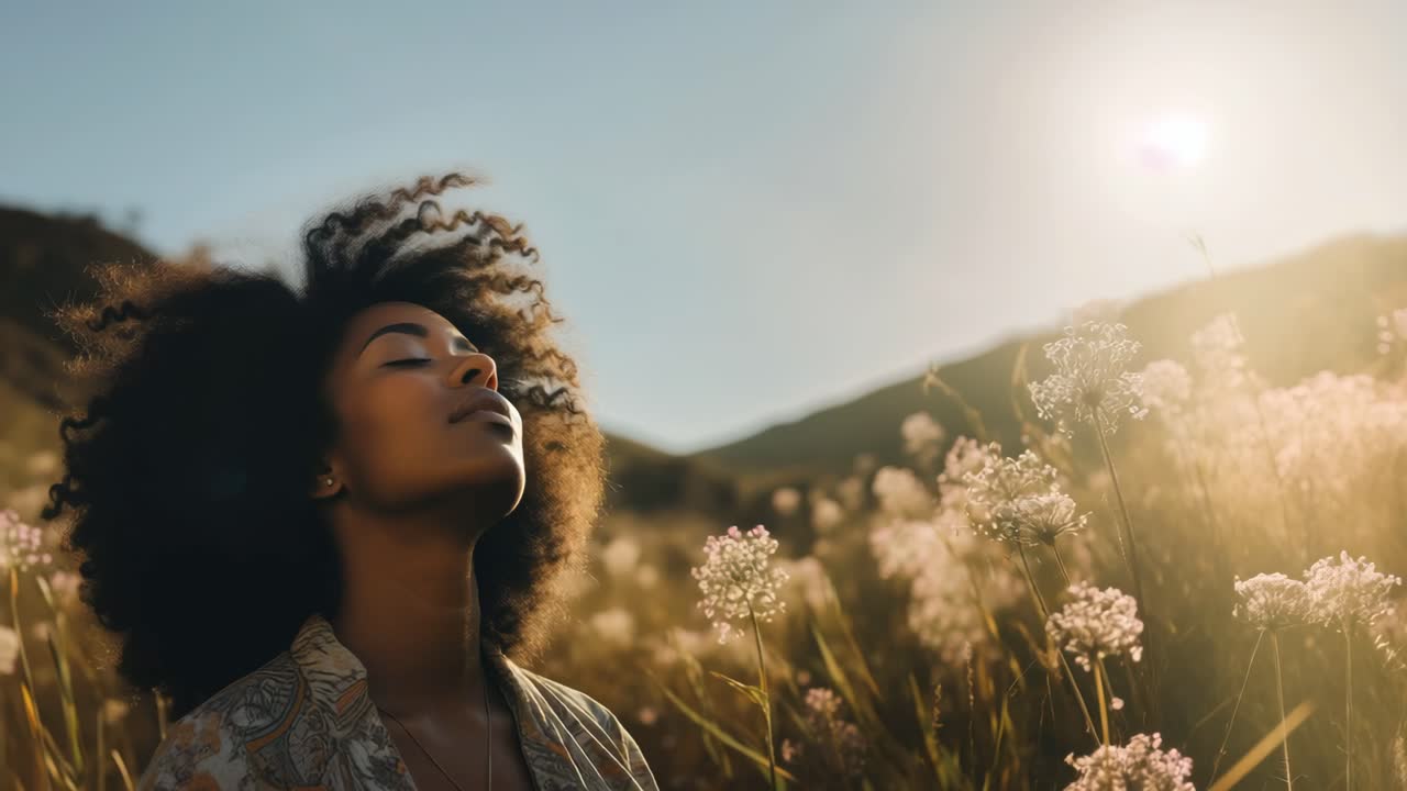 A serene video scene of a woman basking in sunlight amidst wildflowers