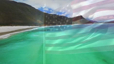 composición digital de la bandera uruguaya ondeando contra la vista aérea de la playa y el mar