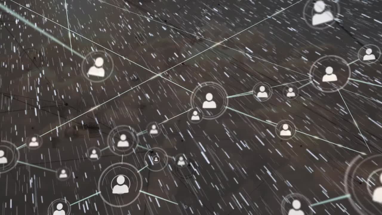 animación de la red de conexiones con las personas iconos sobre la nieve que cae sobre fondo gris