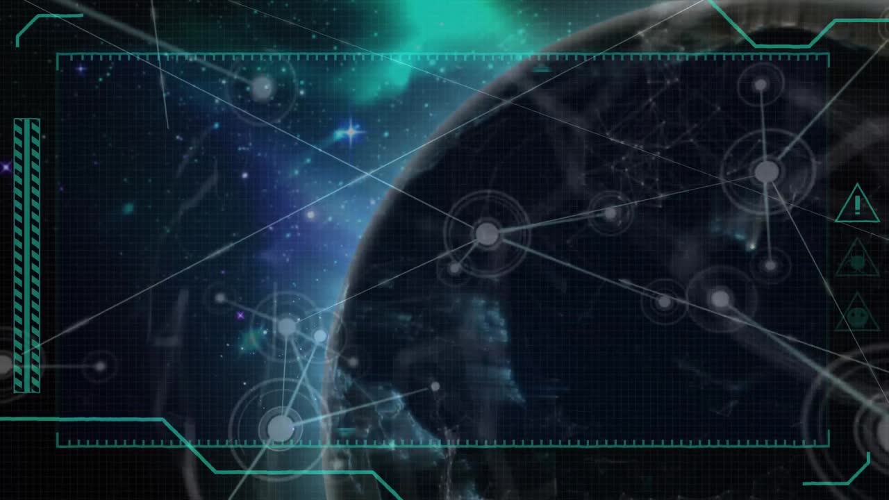 Animation of network of connections with globe turning in space