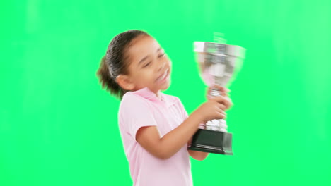 Green-screen,-win-and-face-of-child-with-trophy