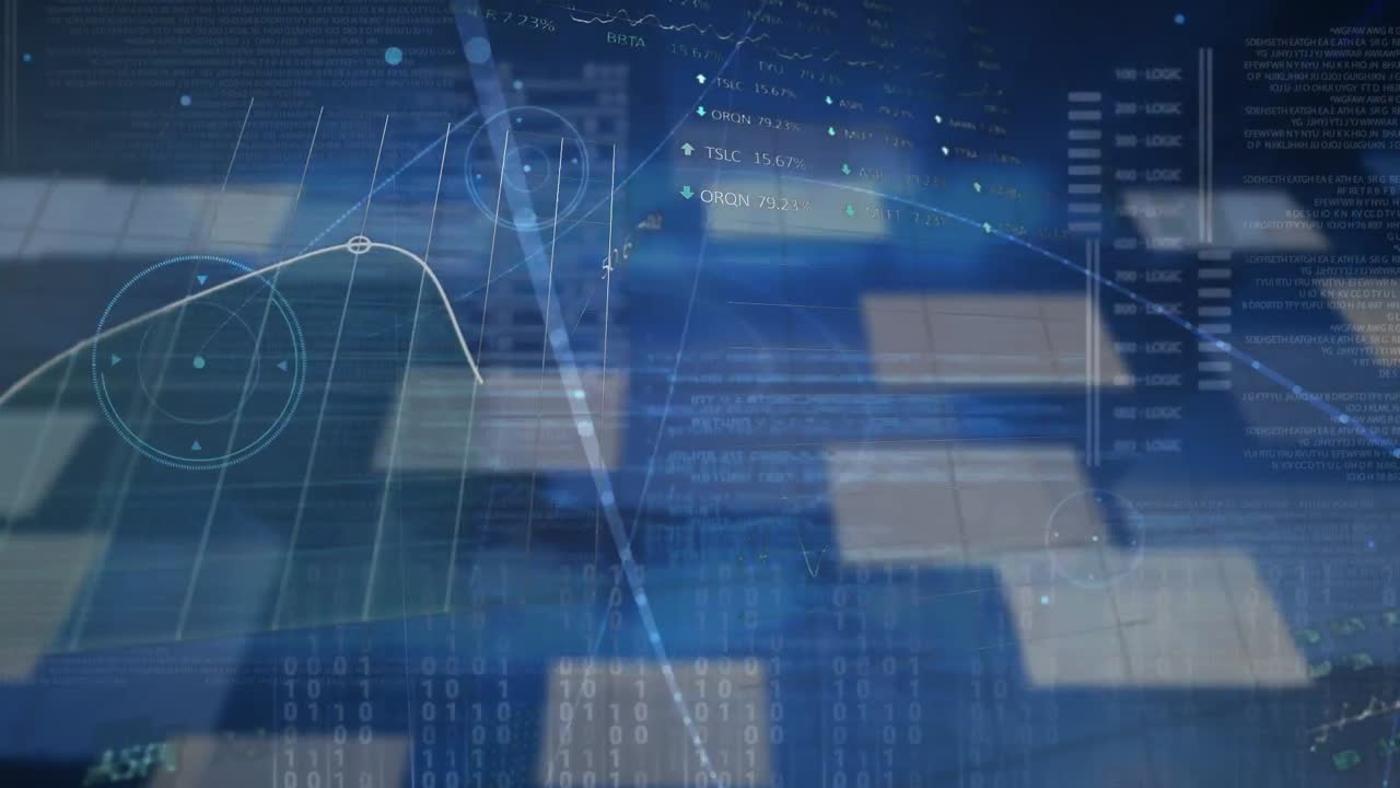 블루 스크린에서 다양한 금융 데이터와 그래프의 애니메이션