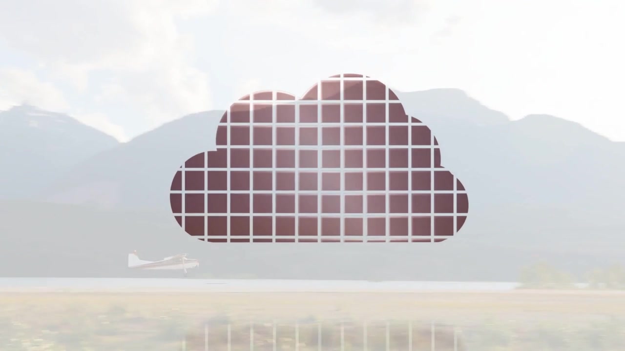 Maroon tiles spawning at shore, floating inward and forming grid, merging to form cloud over lake