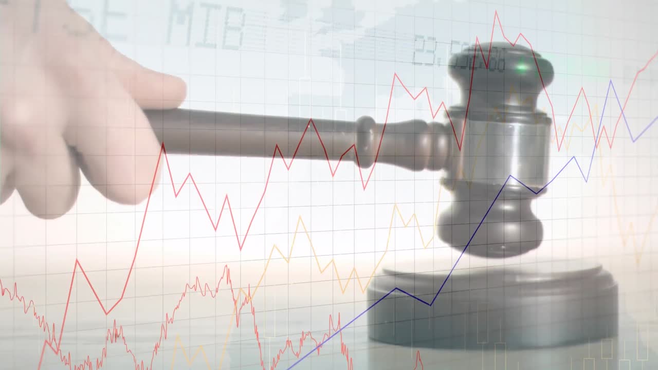 Animation of statistics and financial data processing over auctioneer's hammer