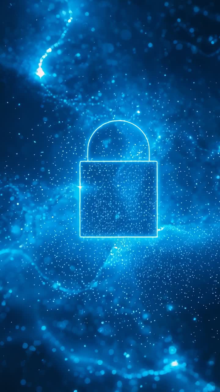 Vertical video: Comet appearing, neon-blue padlock outline pulsing interior particles in deep space