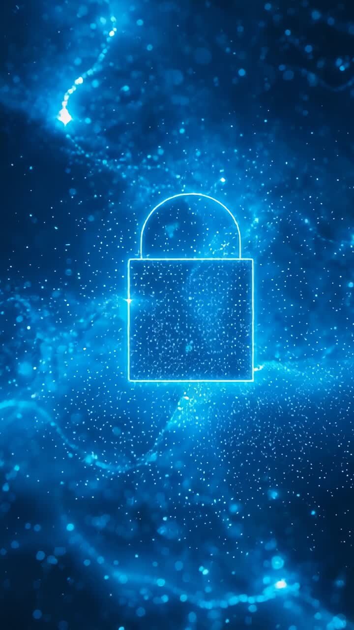 Vertical video: Comet appearing, neon-blue padlock outline pulsing interior particles in deep space