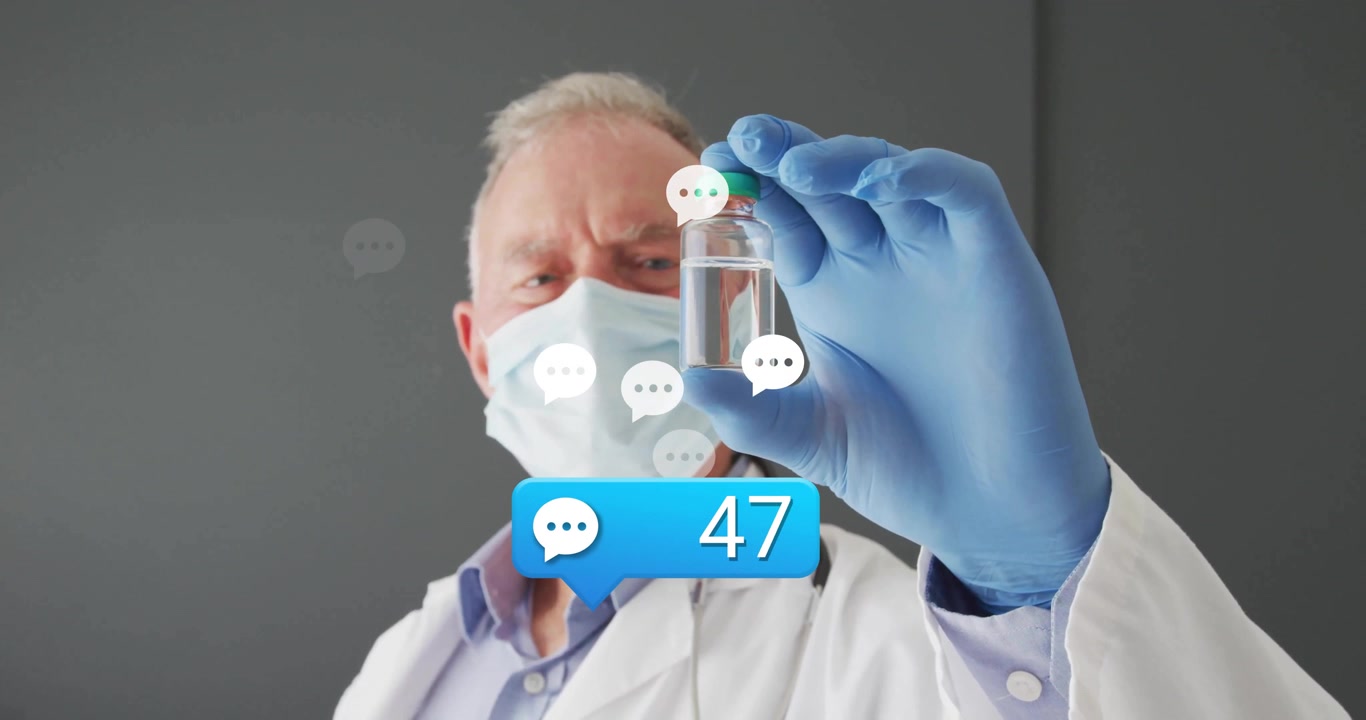 Senior doctor holding vial while chat bubble appearing and comment counter rising for health input