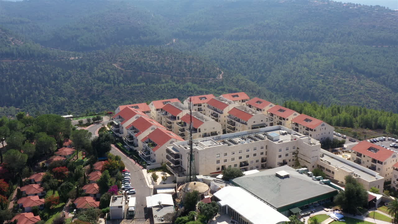 Aerial view over Israeli Settlement Shoresh with Jerusalem Mountains