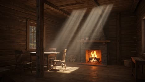 cozy cabin interior with warm fireplace and sunlight rays streaming through the windows, creating a welcoming and serene atmosphere for relaxation