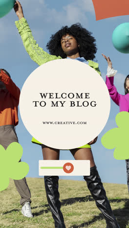 welcome to my blog banner with diverse group and balloons