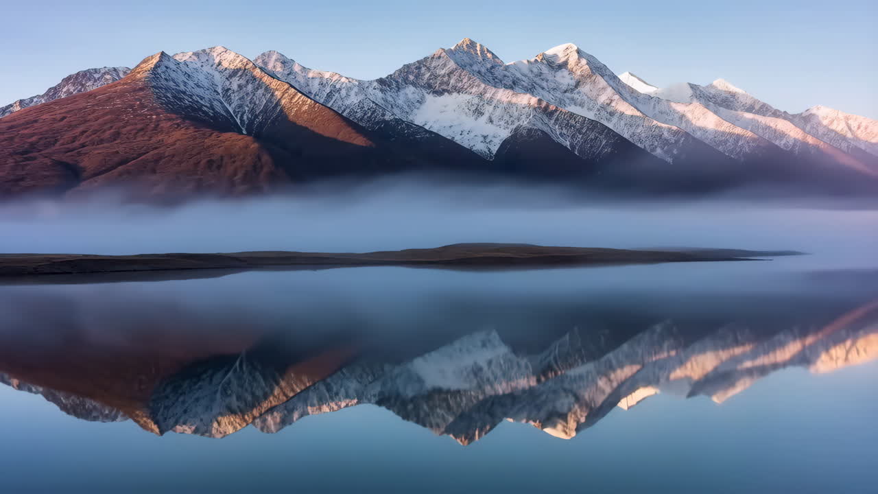 Majestic Snow-Capped Mountains Reflected in a Misty Lake