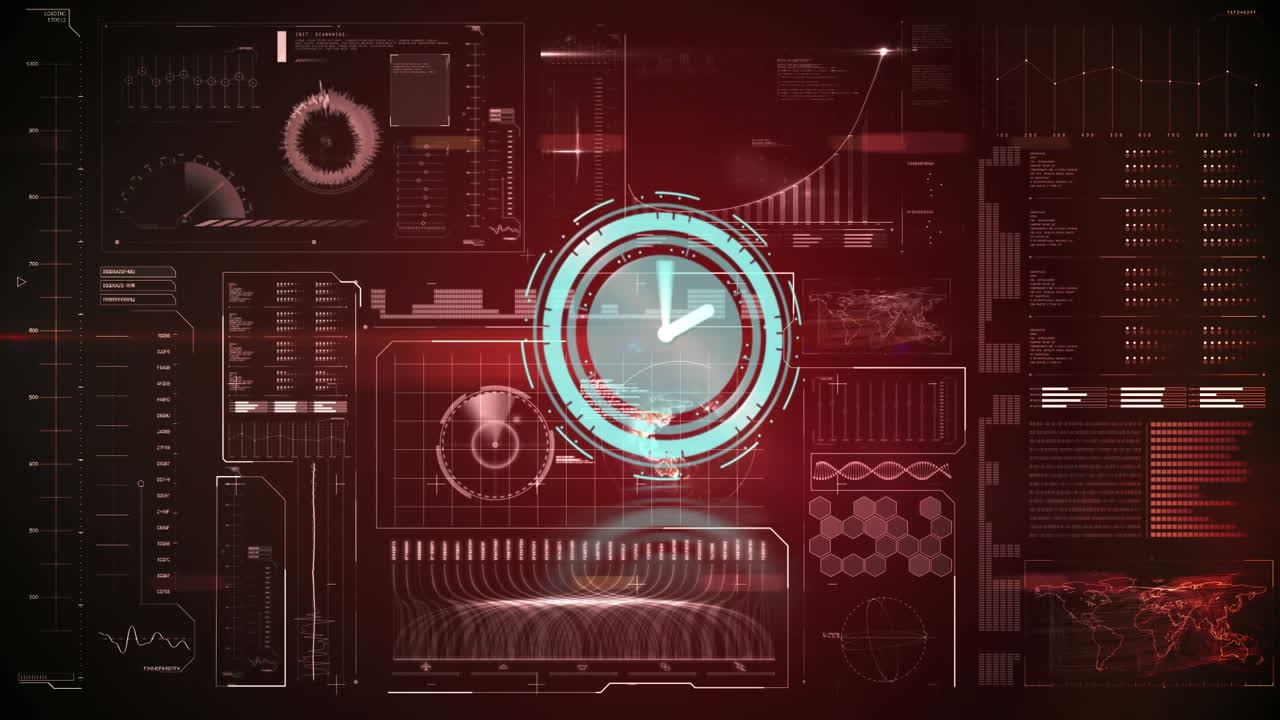 Animation of hands turning on blue clock over interface with data processing