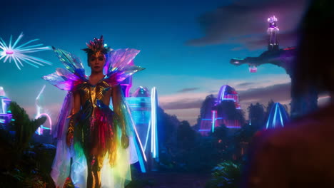 a radiant character in a vibrant neon futuristic city