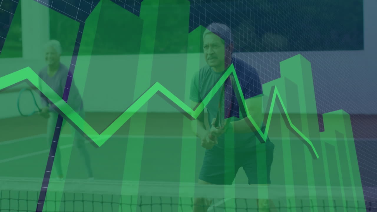 Senior tennis partners playing volley at net, with green charts overlay blending technology
