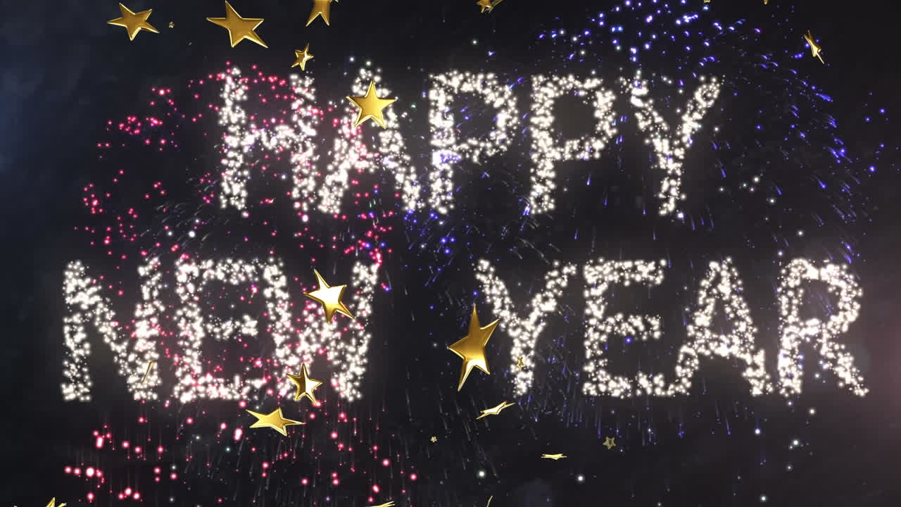 animación de texto de feliz año nuevo con fuegos artificiales y estrellas sobre fondo negro