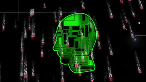 animation of binary coding with circit board head over black background