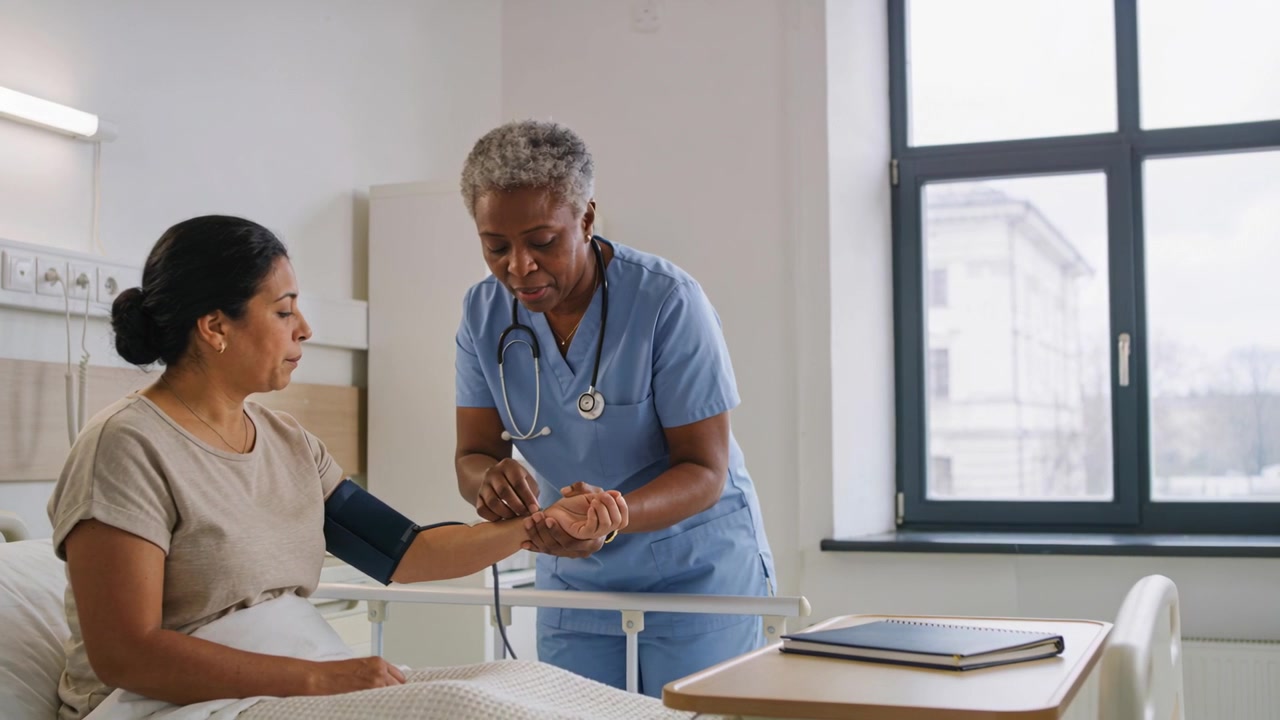 Entering nurse scrubs placing BP cuff on woman at hospital bed checking vitals with stethoscope