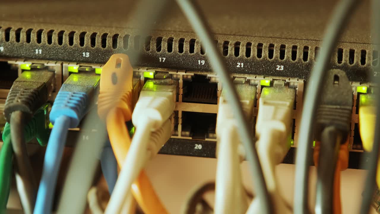 interruptor de red y cable ethernet en el gabinete de rack. tecnología de conexión de red y tiene un estado conducido para mostrar el estado de trabajo. concepto de infraestructura con cables conectados al centro de datos