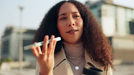 phone call, speaker and business woman in a city