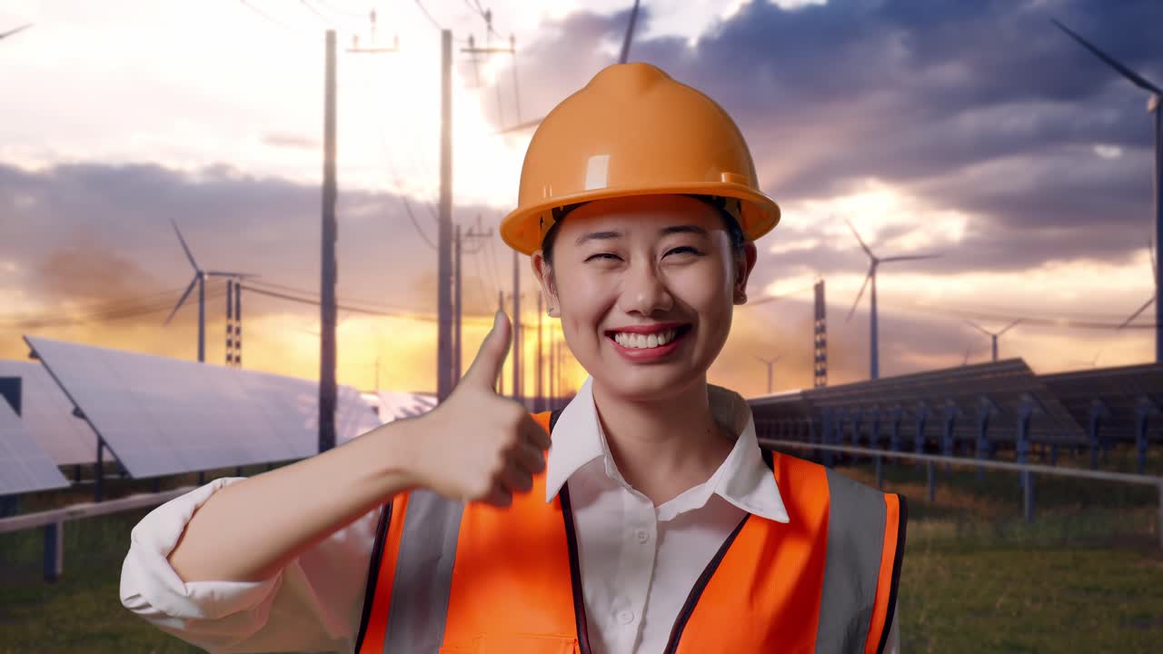 Close Up Of Asian Female Engineer With Safety Helmet Smiling And Showing Thumbs Up Gesture To The Camera With Solar Panel and Wind Turbines