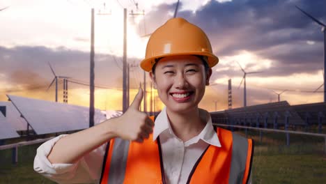 close up of asian female engineer with safety helmet smiling and showing thumbs up gesture to the camera with solar panel and wind turbines
