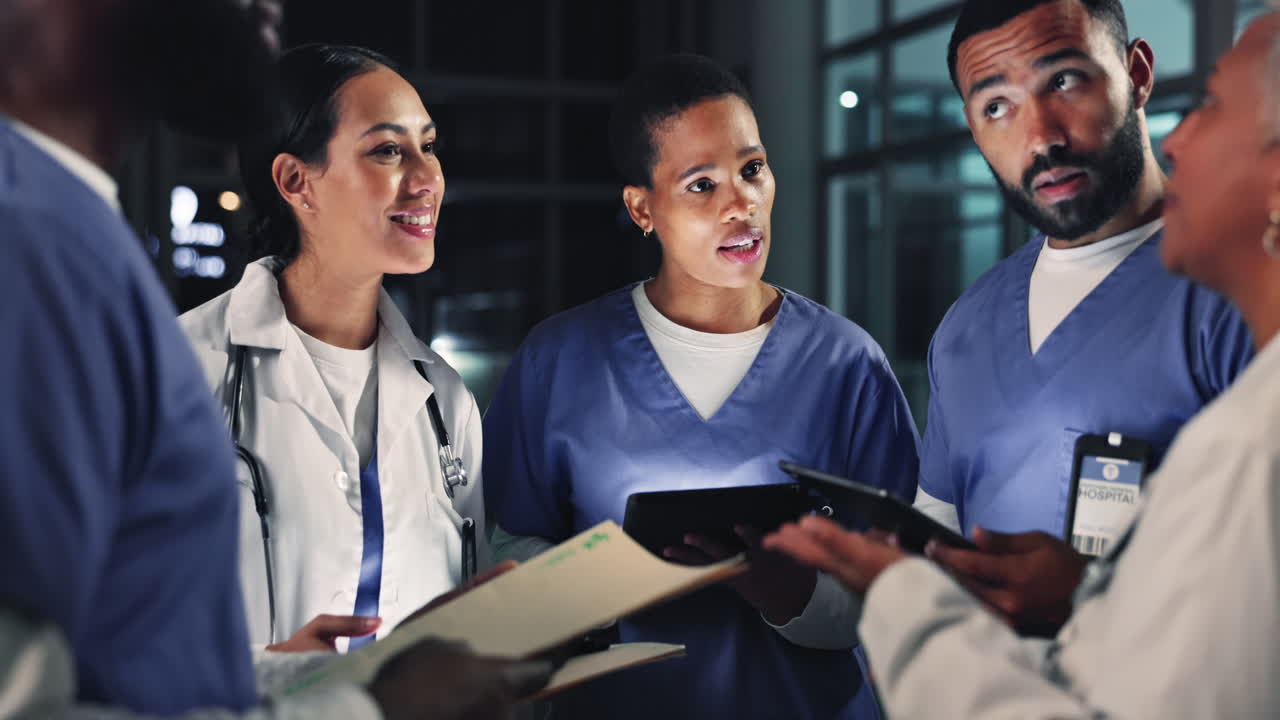 Doctor, team and tablet at night with planning