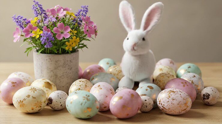 A Charming Easter Scene Featuring a Plush Bunny Surrounded by Colorful Eggs and Vibrant Flowers in a Quaint Setting, Celebrating the Joy of Spring Festivities