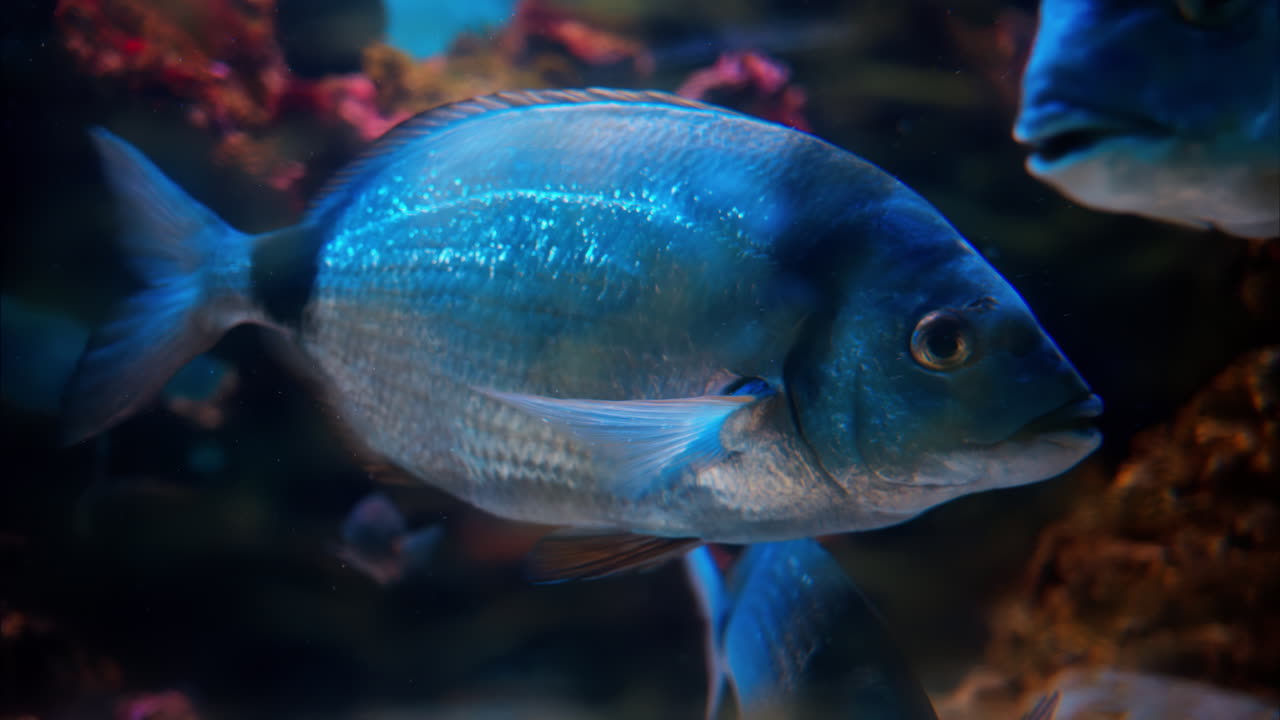 Close up of a Diplodus vulgaris fish swimming near coral reefs