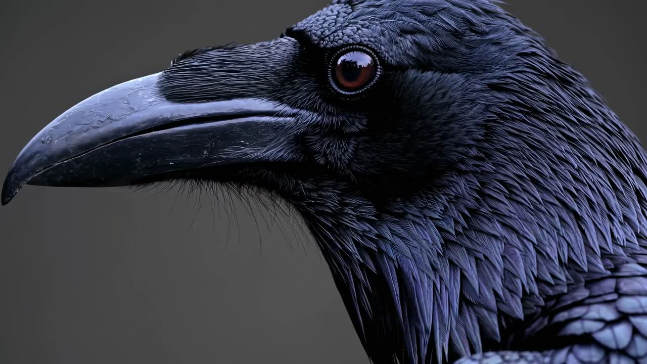 Close-up side view of a raven's head, showcasing detailed feathers and eye