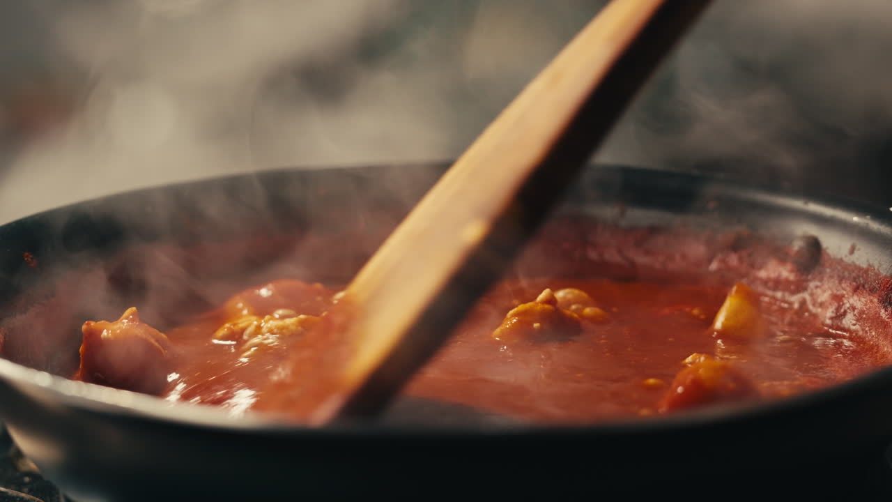 Chicken in tomato sauce is boiling on a frying pan with spices. Cooking tomato sauce curry with chicken fillet. Traditional Italian Mexican Asian dish. High quality studio shot for cafe, restaurant close up.