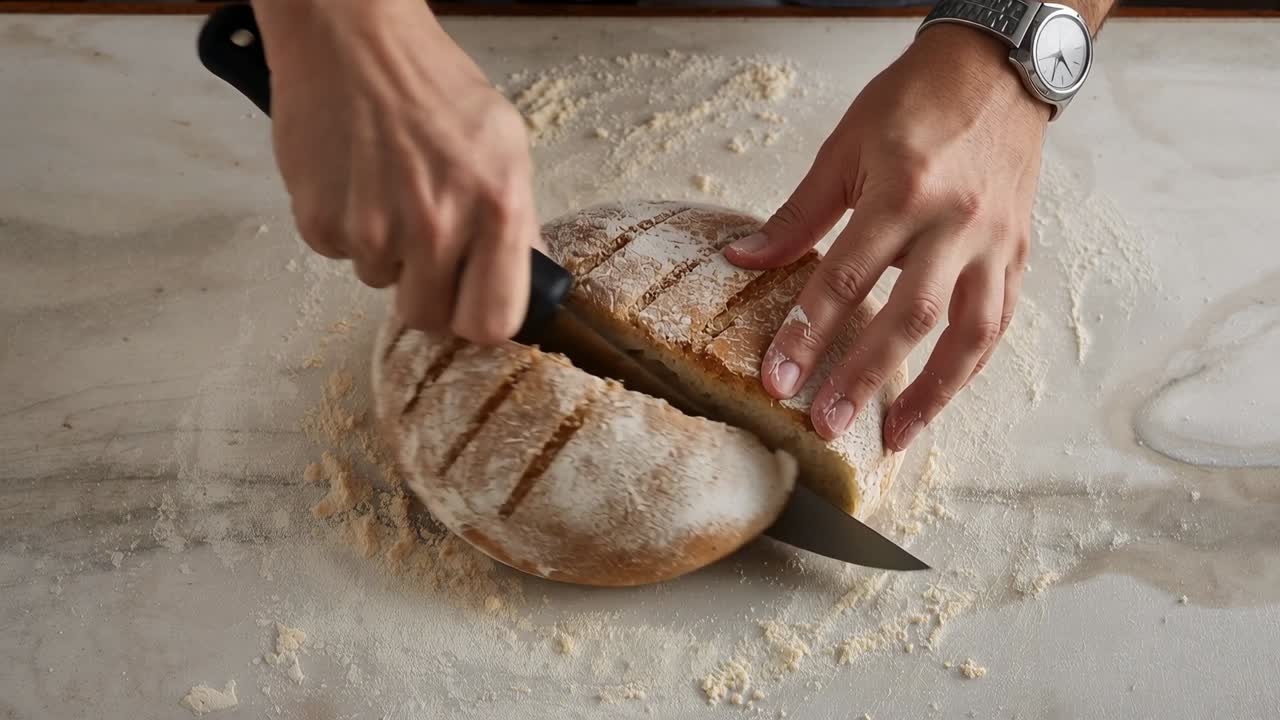 Slicing right hand bringing knife down through round loaf on marble countertop, crumbs falling