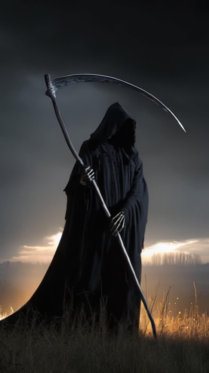 Misteriosa figura della Morte: un cupo mietitore si erge in un paesaggio buio e nebbioso contro un cielo drammatico, simboleggiando la mortalità e il passare del tempo.