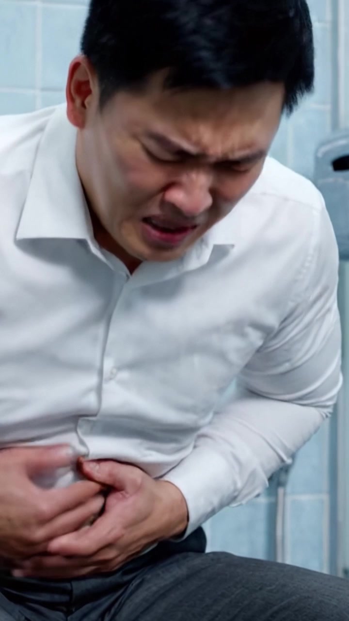 A Man Struggling with Severe Abdominal Pain in a Restroom, Displaying Distress and Emotional Turmoil as He Clutches His Stomach in a Private Setting