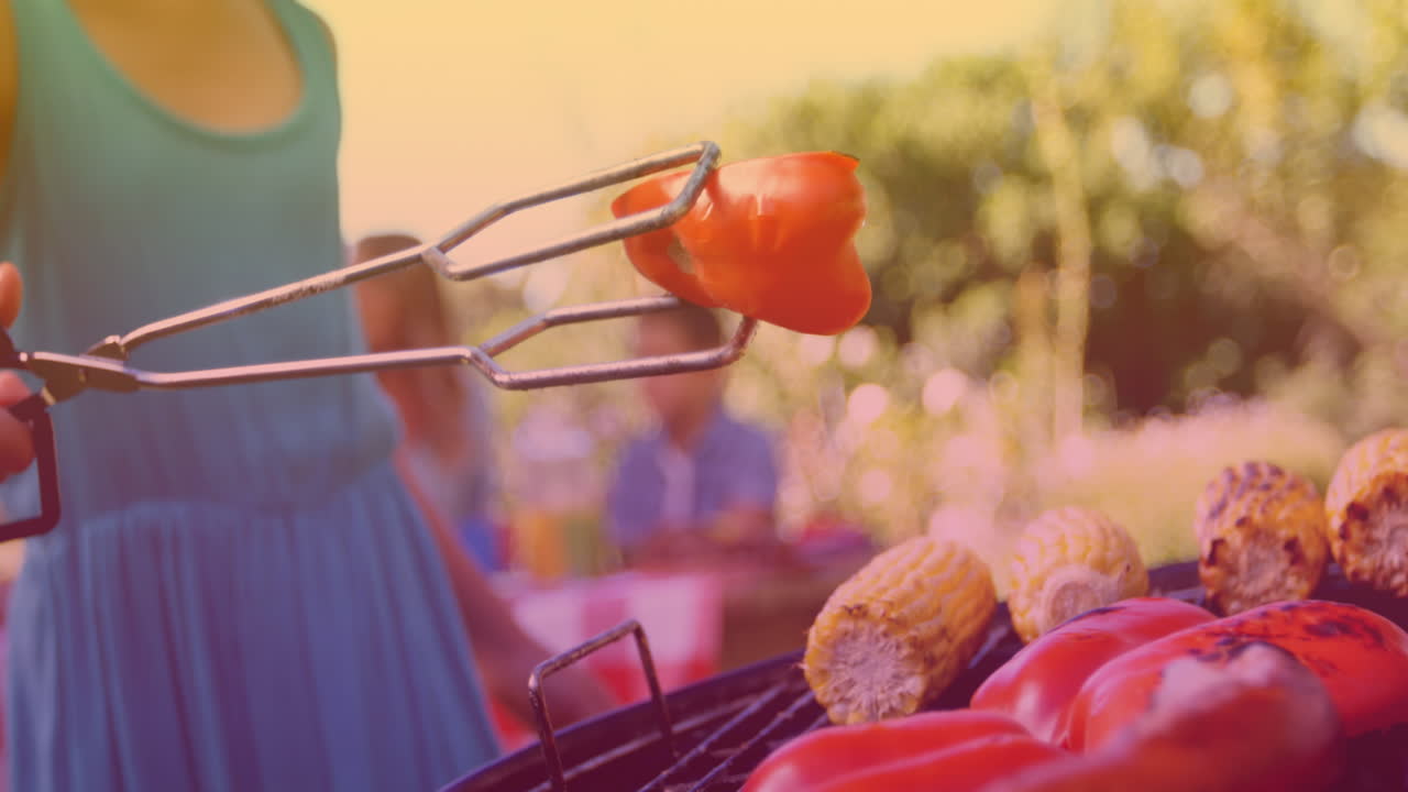 Animatie van blije Kaukasische familie die barbecueën en praten