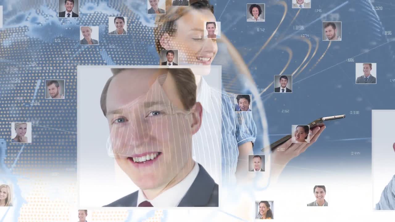 Animation of a Caucasian woman using a 3D interactive tablet, with globe spinning and people picture