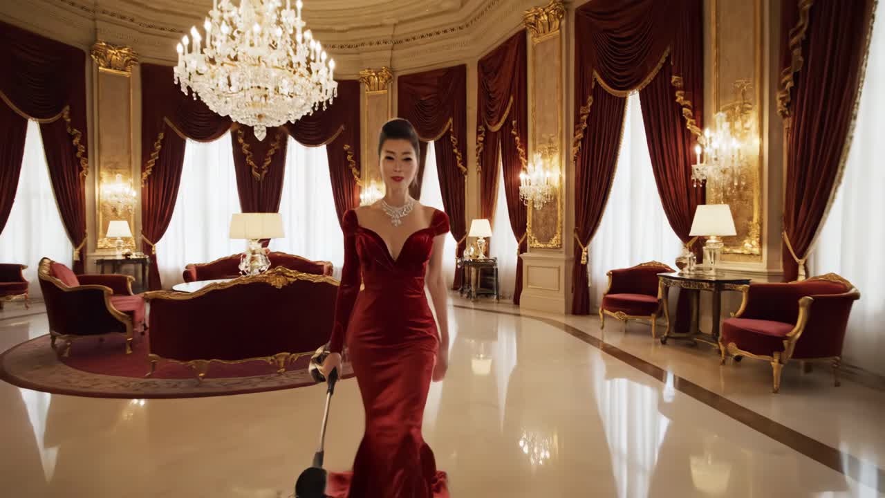 Elegant Woman in Red Dress in a Luxurious Mansion
