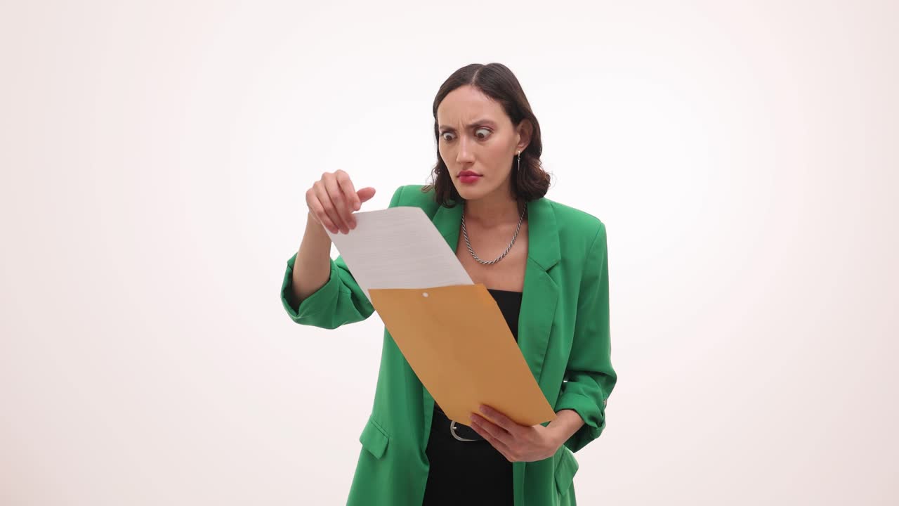 Woman reacts with surprise and shock while reading a document from an envelope