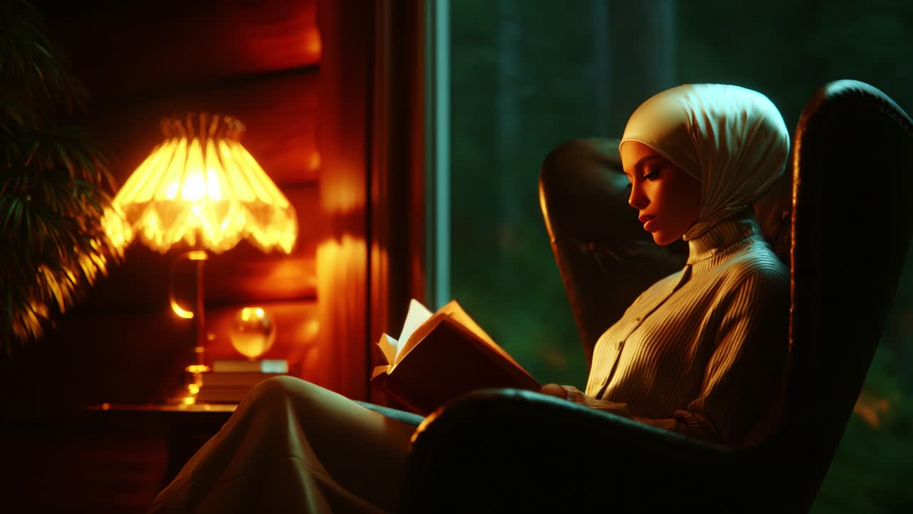 A Serene Evening of Reflection and Reading: A Young Woman in a Cozy Attire Sits in a Plush Armchair, Absorbed in a Book Under the Warm Glow of a Vintage Lamp Amidst a Scenic Background