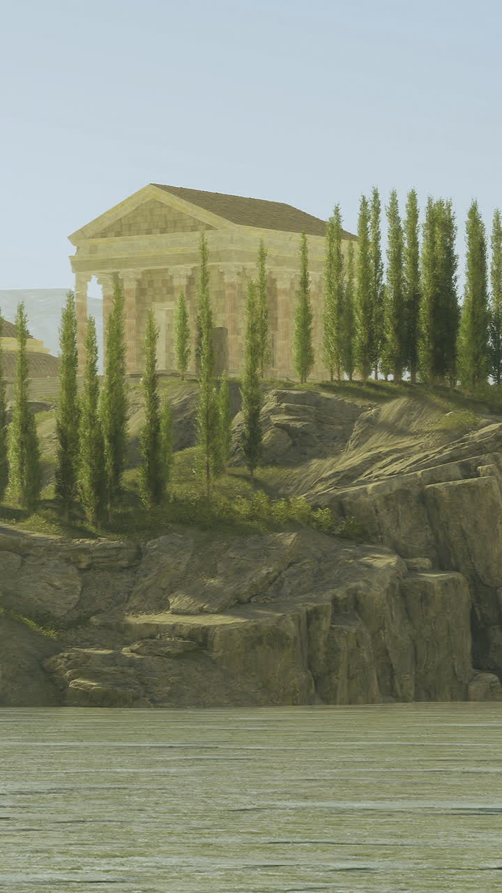 Templo antiguo se alza majestuoso sobre acantilados rocosos junto a aguas tranquilas