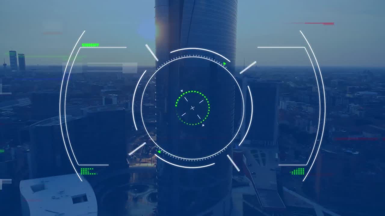 анимация эффекта сбоя над масштабом сканирования на фоне воздушного вида городского пейзажа.