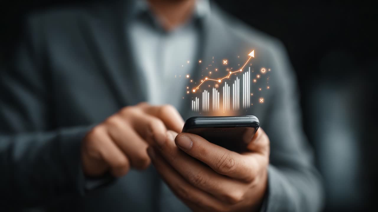 Innovative Data Visualization on Mobile: A Professional Using a Smartphone to Analyze Growth Metrics with Dynamic Graphics and Charts for Informed Decision-Making