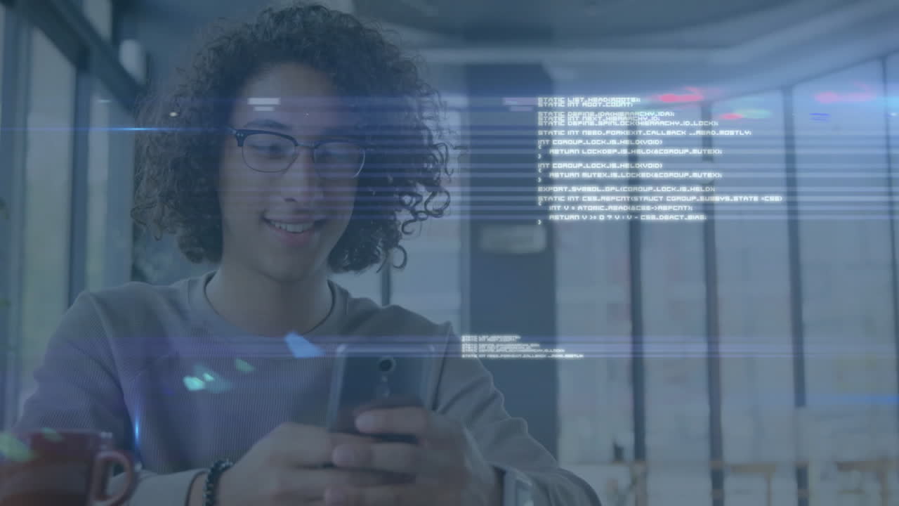 Young person using smartphone with digital data processing animation overlay