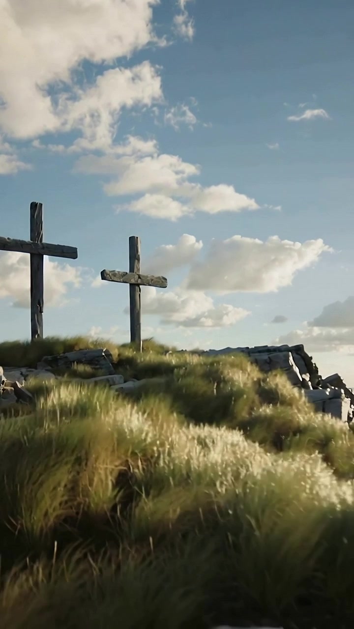 Video verticale: Panoramica della telecamera a destra che mostra due croci di legno su un'altura rocciosa, con l'erba che ondeggia verso il mare.